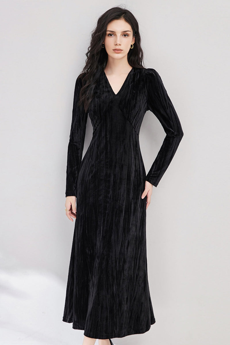 black dress with studs Elegant Black Velvet Long Sleeve Midi Dress with Bow and Pearl Detail 22 / Other Colors main image 0