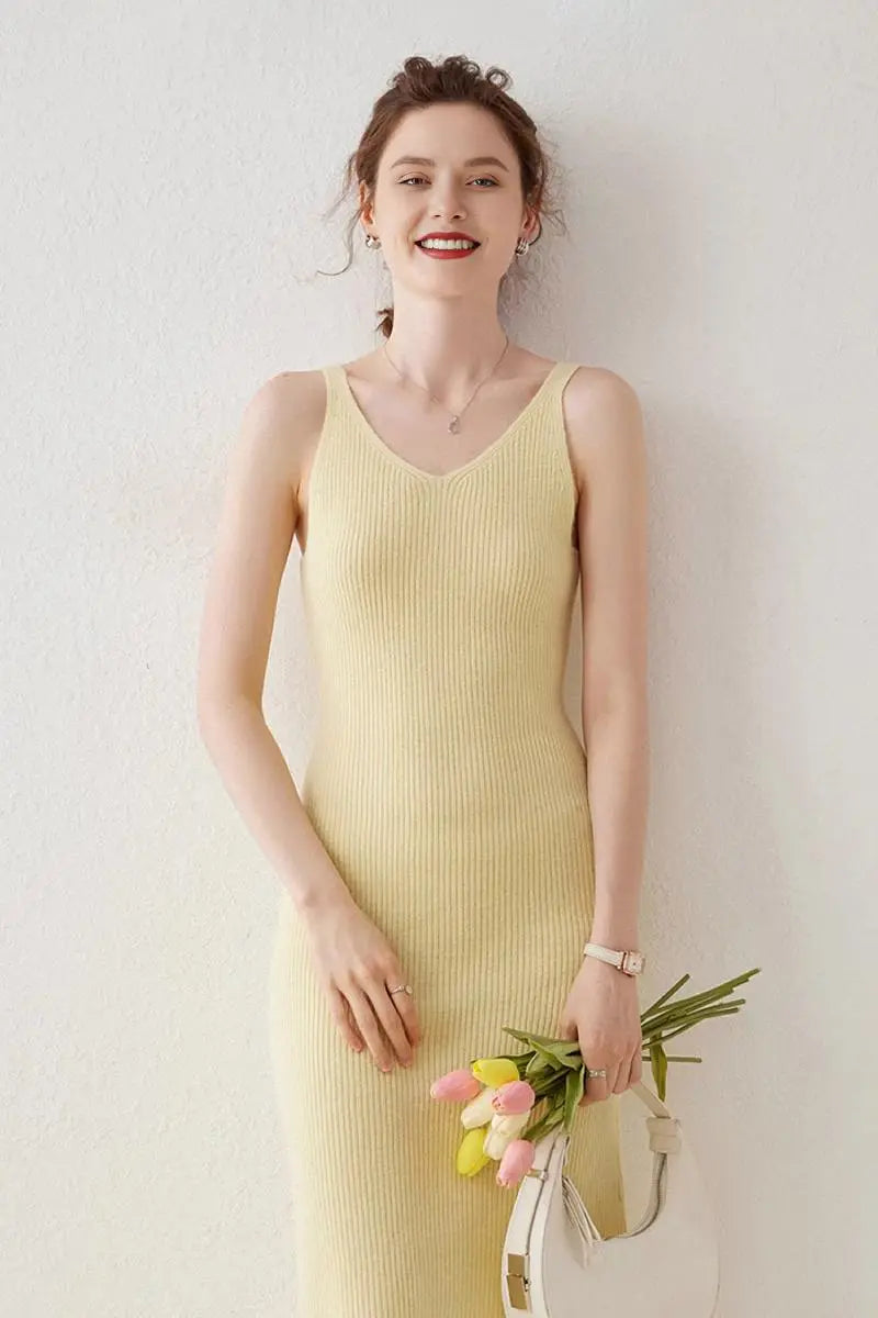 100 Cashmere Sleeveless Rib-Knit Midi Sweater Dress Xs / Daffodil Yellow / 100% Cashmere