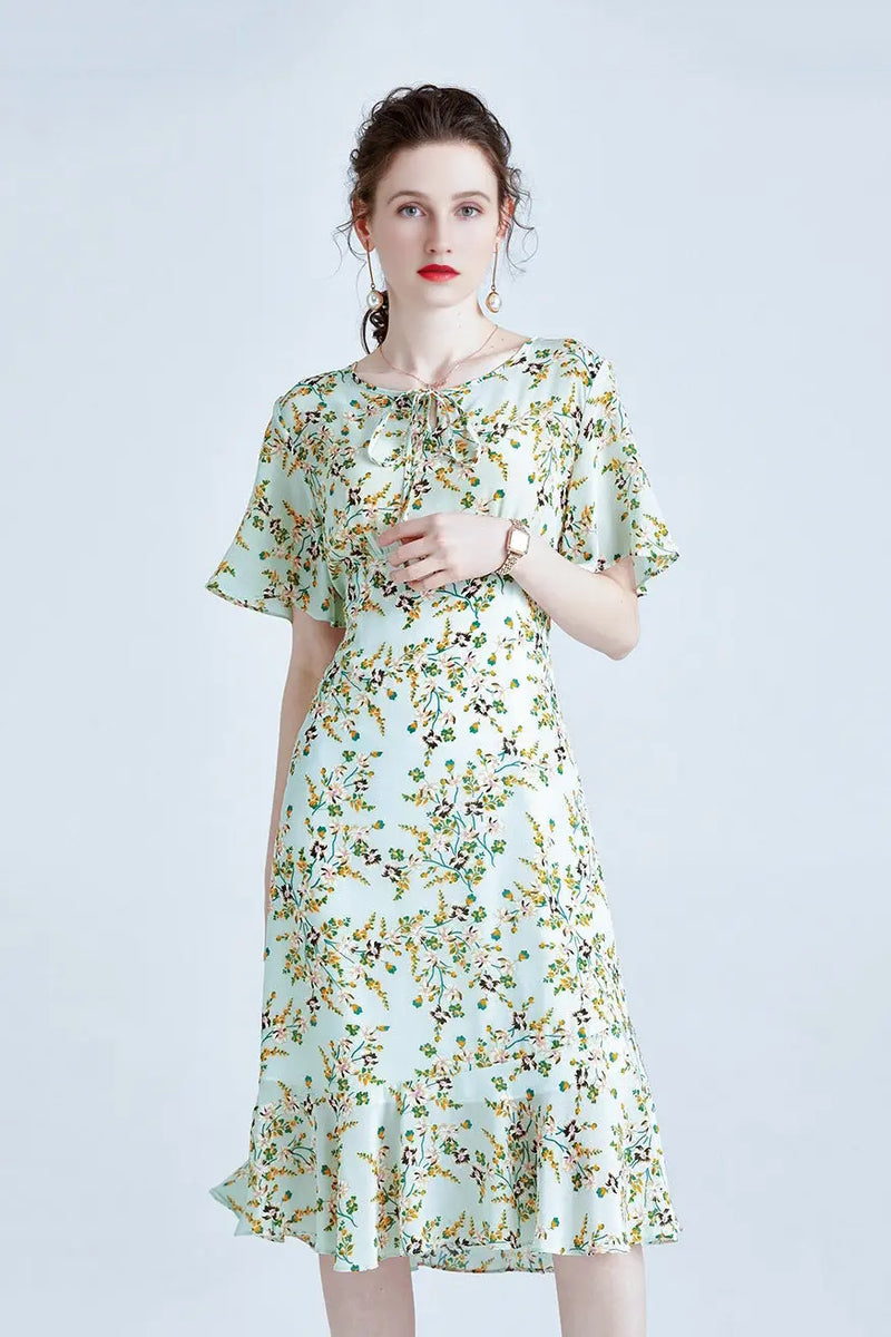 silk midi dress with short sleeves Reiss Satin Short-Sleeve Midi Dress in Khaki