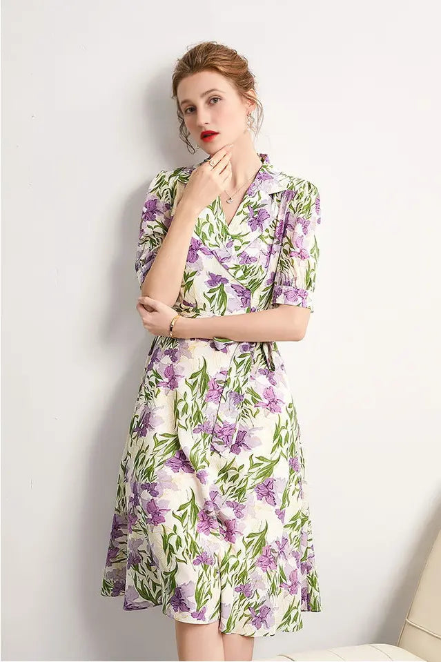 Fibflx Women's 100 Mulberry Silk Short Sleeve Purple Floral Midi Dress