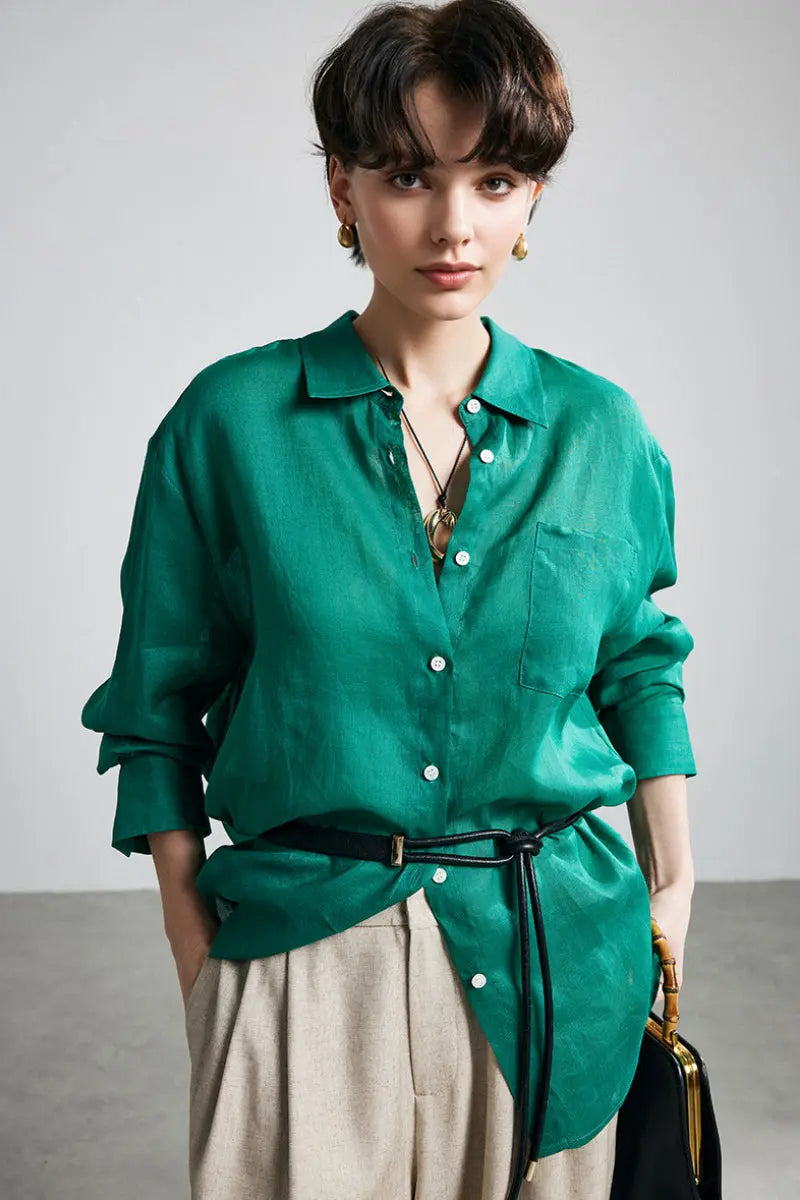 100 Ramie Oversized Sheer Drop-Shoulder Beach Shirt | FIBFLX
