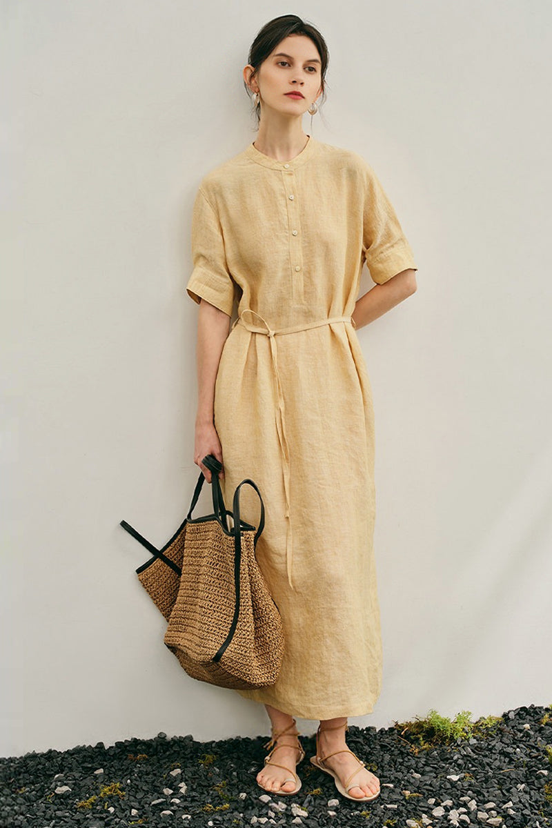 tie waist midi shirt dress 100% Hemp Band Collar Tie-Waist Shirtdress Daffodil Yellow / M This red striped midi Style:Unisex Button Down Jersey white dress shoes H&m black ruffle maxi