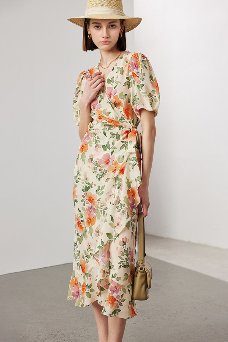 100 Mulberry Silk Floral Puff-Sleeve V-Neck Ruffle Wrap Midi Dress Orange Floral / M