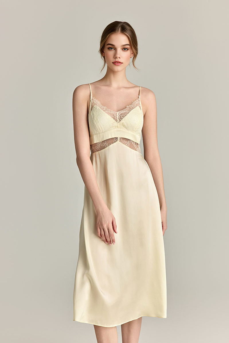 100% Mulberry Silk Lace-Trim V-Neck Midi Slip Dress S / Ivory / 100% Mulberry Silk