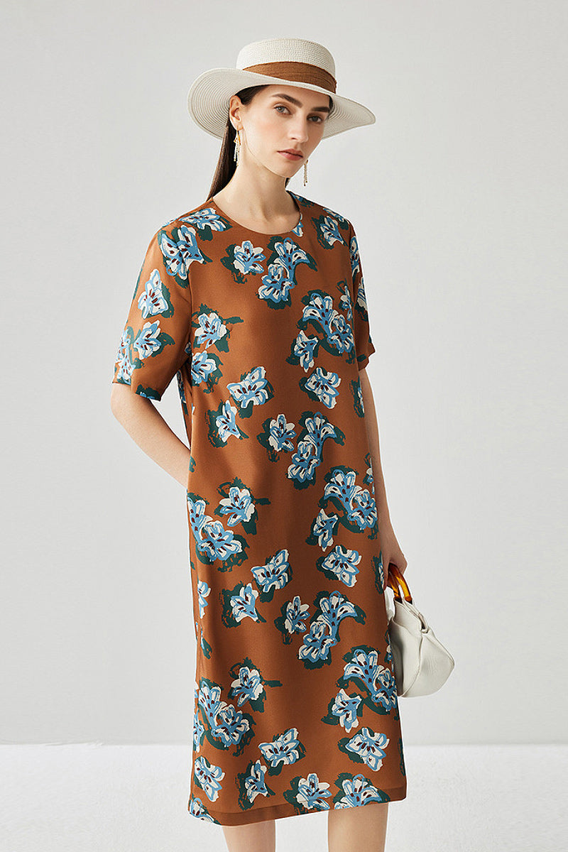 100% Silk Floral Midi Shift Dress with Pockets in Brown Chocolate Brown / Xs