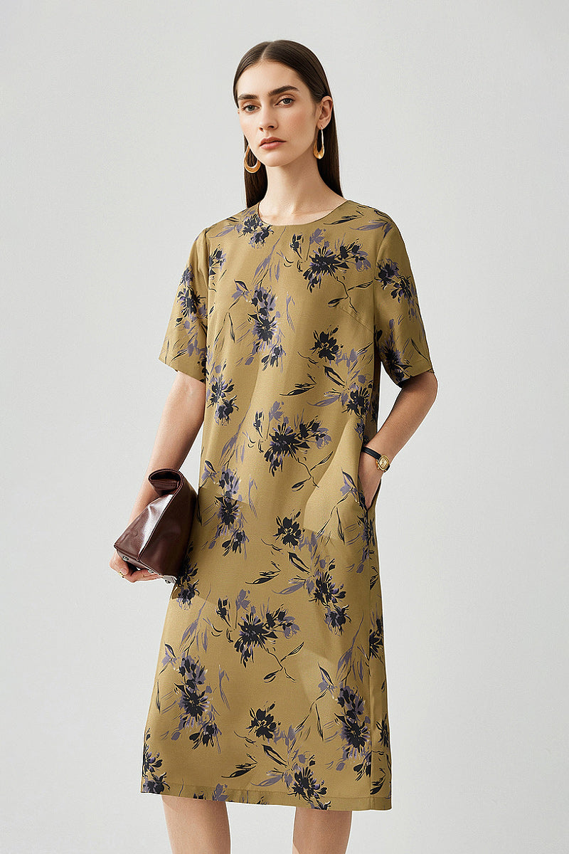 100% Silk Floral Midi Shift Dress with Pockets in Khaki Khaki Beige / S