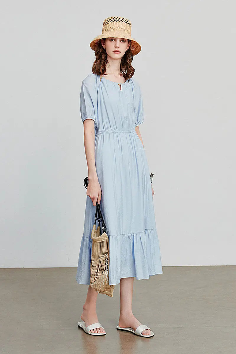 Baby Blue Textured Vacation Midi Dress with Beaded Neckline S / Baby Blue / 83.9% Viscose 16.1% Nylon