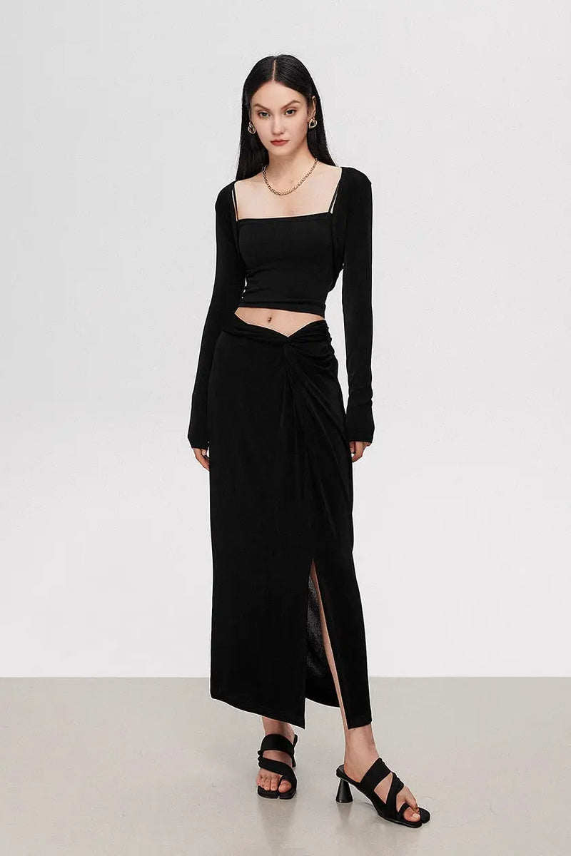 Summer Days Solid Crop Top & Split Thigh Twist Slit Skirt Set M