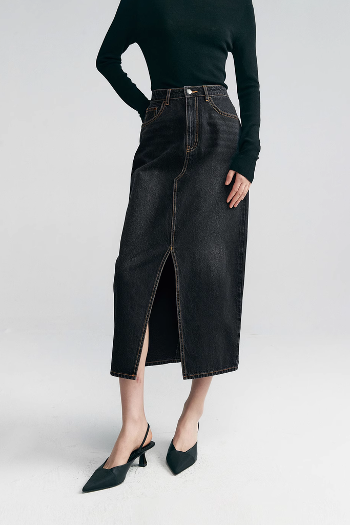 Fibflx Women's Black Denim Maxi Skirt With Front Slit