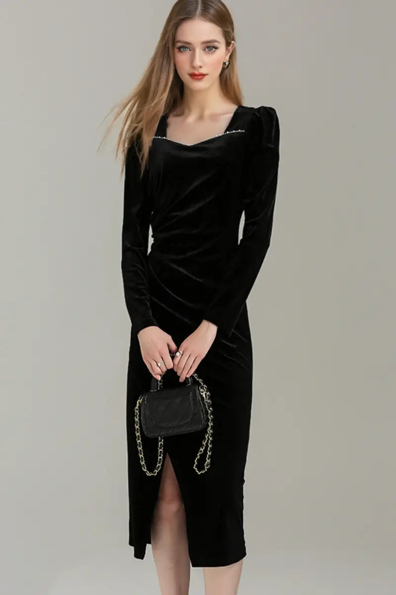 Black Long Sleeve Velvet Midi Dress with Ruched Neck and Front Slit S / Black / 80% Polyester 15% Silk 5% Viscose