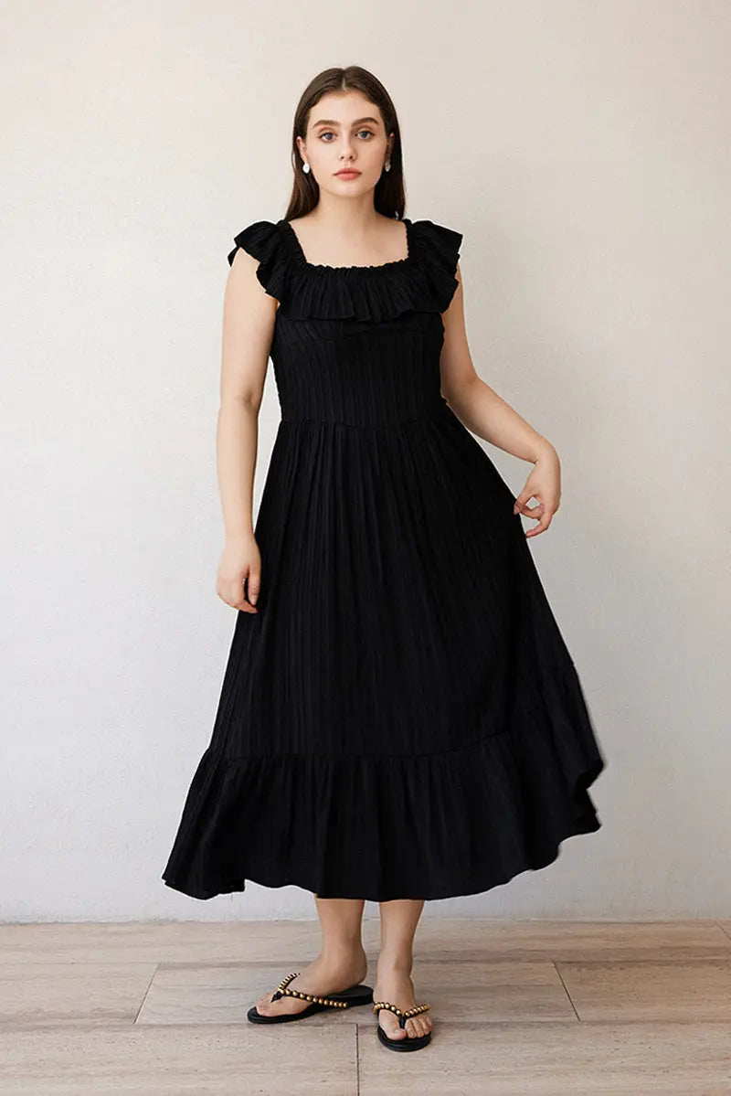 Black Off-The-Shoulder Ruffled Fit & Flare Midi Dress XL / Black / Shell: 99.7% Recycled Polyester 0.3% Spandex Lining: 90.5% Recycled Polyester 9.5%