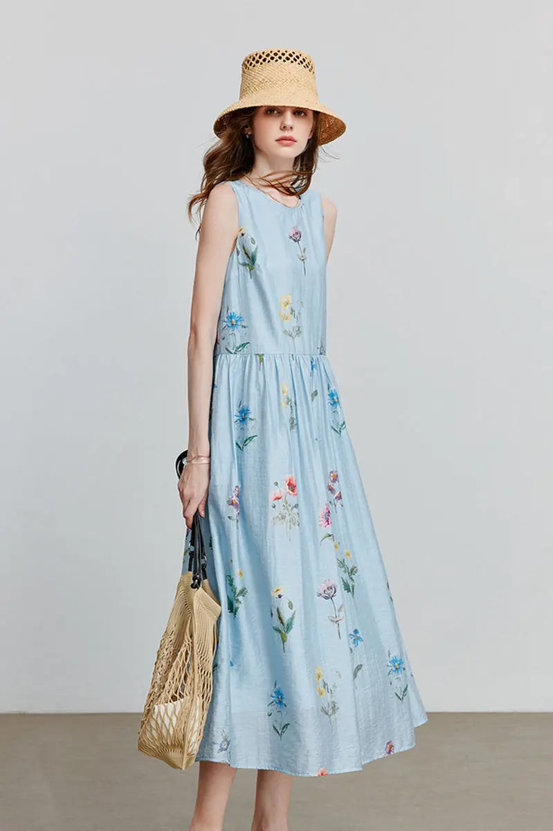 knee length dresses for ladies Blue Floral Linen Sleeveless Fit & Flare Midi Dress L / Baby Blue / Shell: 40.4% Viscose 33.9% Lyocell 15.7% Nylon 10 % Linen Lining: 100% Recycled