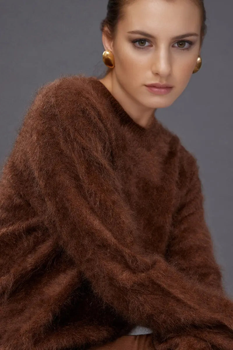 Fibflx Women s Brushed Cashmere Seamless Knit Crewneck Sweater