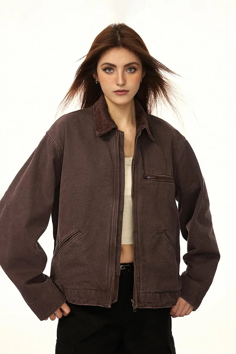 Classic Cropped Brown Corduroy Bomber Jacket