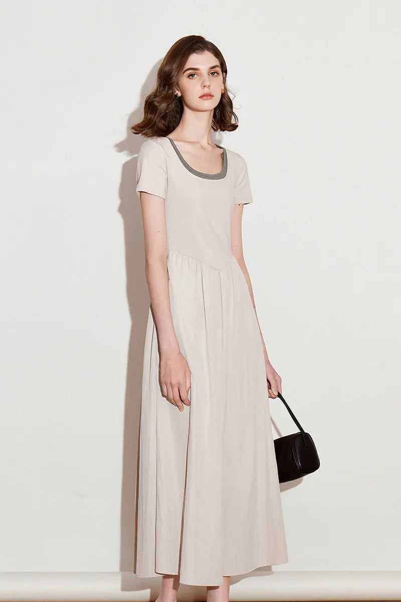 Cotton Short-Sleeve Mixed-Media Fit & Flare Midi Dress L / Oak Beige / 91.3% Cotton 8.7% Spandex Cotton Short-Sleeve Mixed-Media Fit & Flare Midi Dress L / Oak Beige / 91.3% Cotton 8.7% Spandex