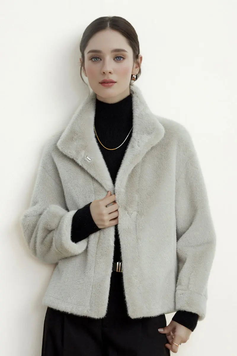 Fibflx Women's Cropped Faux Mink Fur Jacket with Stand Collar