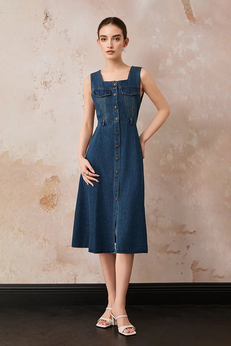 Denim Sleeveless A-Line Midi Shirt Dress L / Mid Blue Denim / 77.3% Cotton 11.9% Recycled Polyester 10.8% Regenerated Cellulose Fiber Denim Sleeveless A-Line Midi Shirt Dress L / Mid Blue Denim / 77.3% Cotton 11.9% Recycled Polyester 10.8% Regenerated Cellulose Fiber
