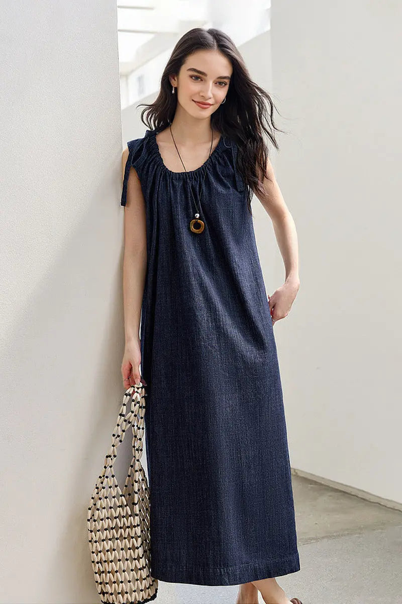 denim trapeze dress Tie-Strap Midi 70s style dress Size:3XL_34-36 Embrace effortless style with Cowl Neck Mermaid Bridesmaid