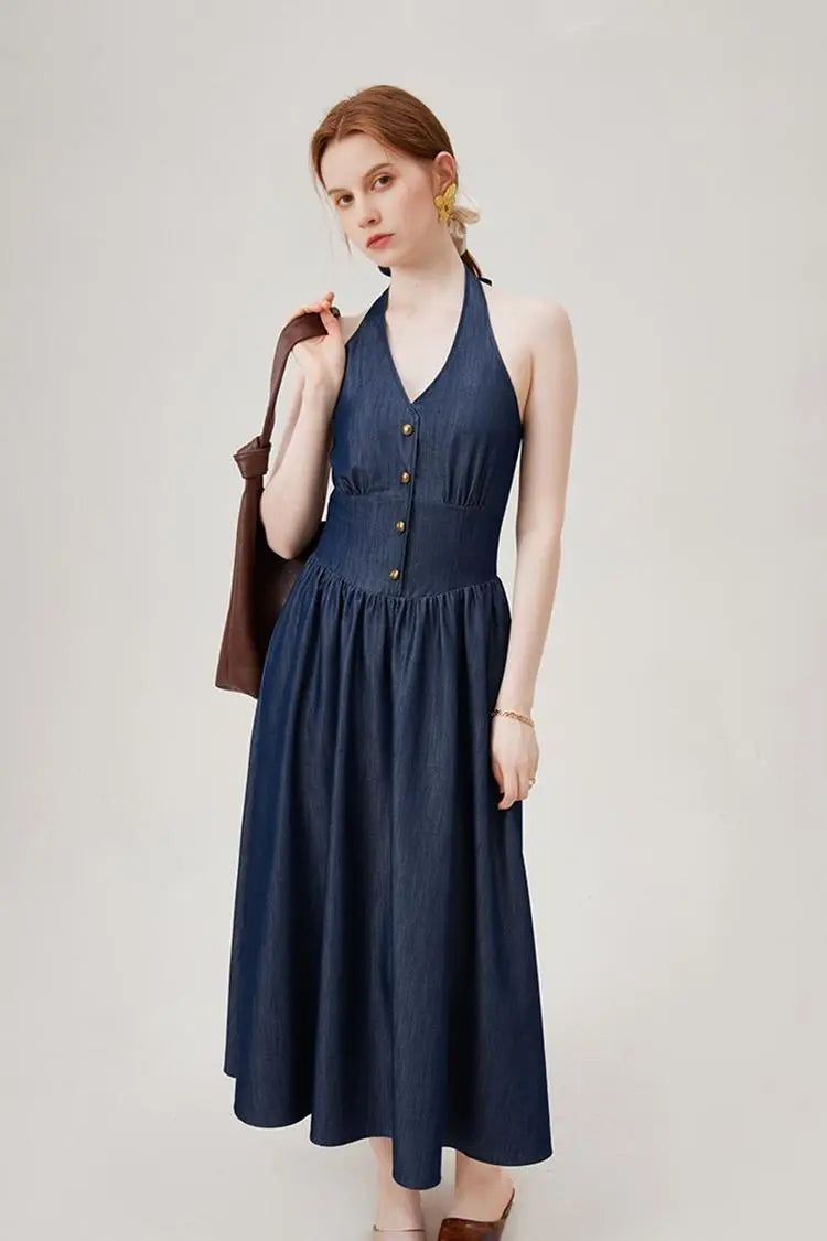 Fit and Flare Denim Halter Midi Dress S / Denim / 75.9% Recycled Polyester 17.4% Viscose 6.7% Spandex