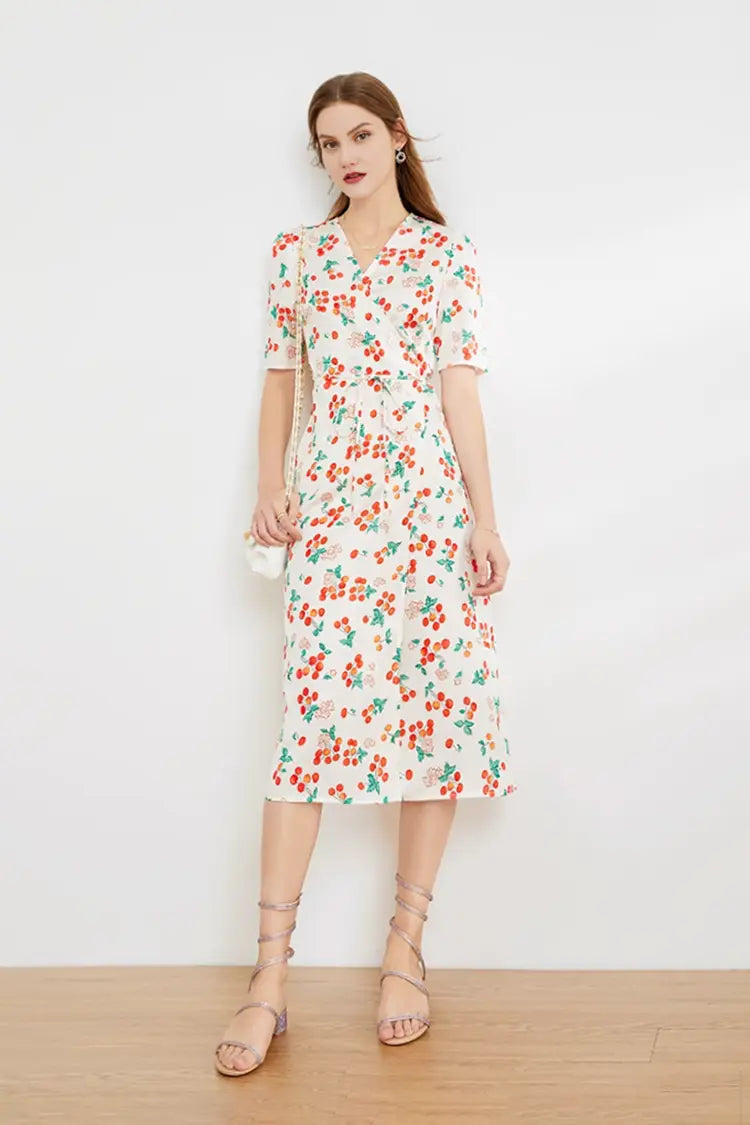 Short Sleeve Tea Dress Roman Green Daisy Print V-Neck Tea Dress