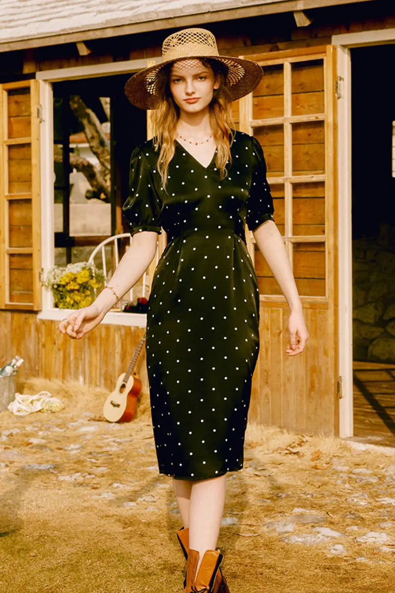 French-Inspired Silk Crepe-Back Polka Dot Midi Dress in Black XS / Black With White Polka Dots / 100% Mulberry Silk