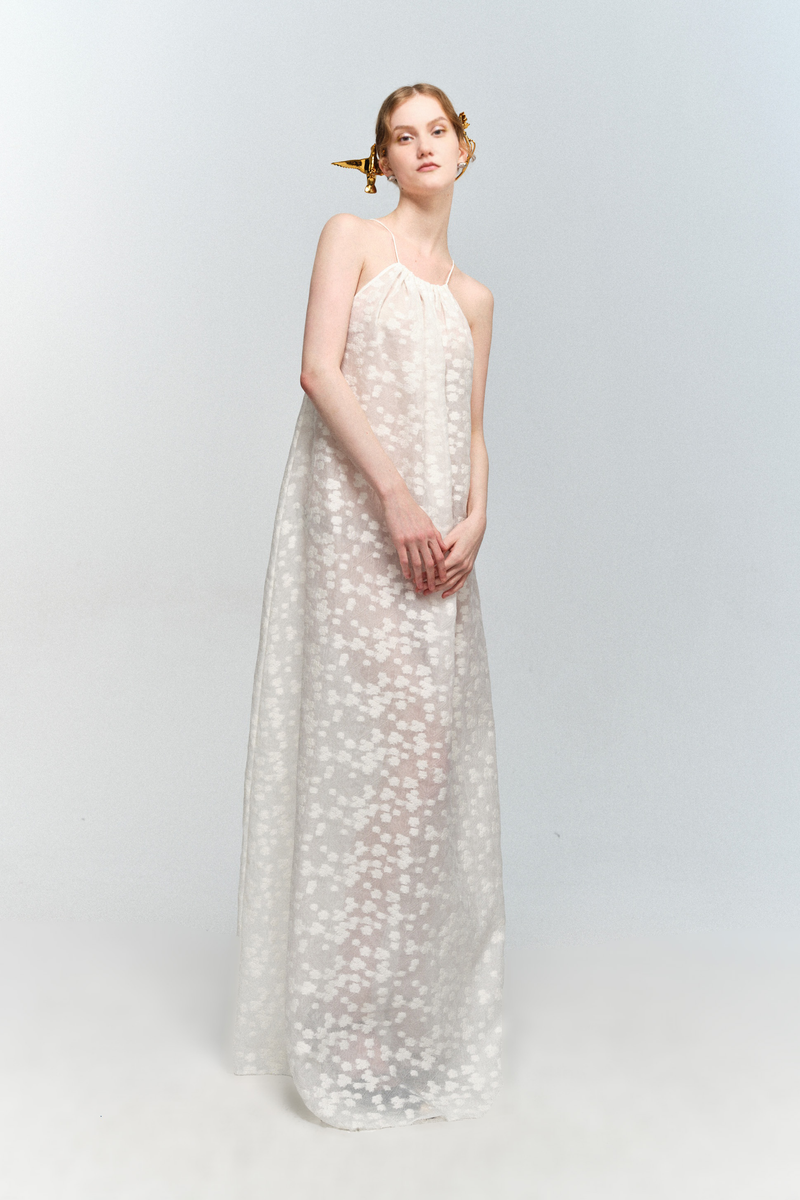 Halter Neck White Floral Jacquard Dress S / Off White / 71% Viscose 17% Polyester 12% Polyamide