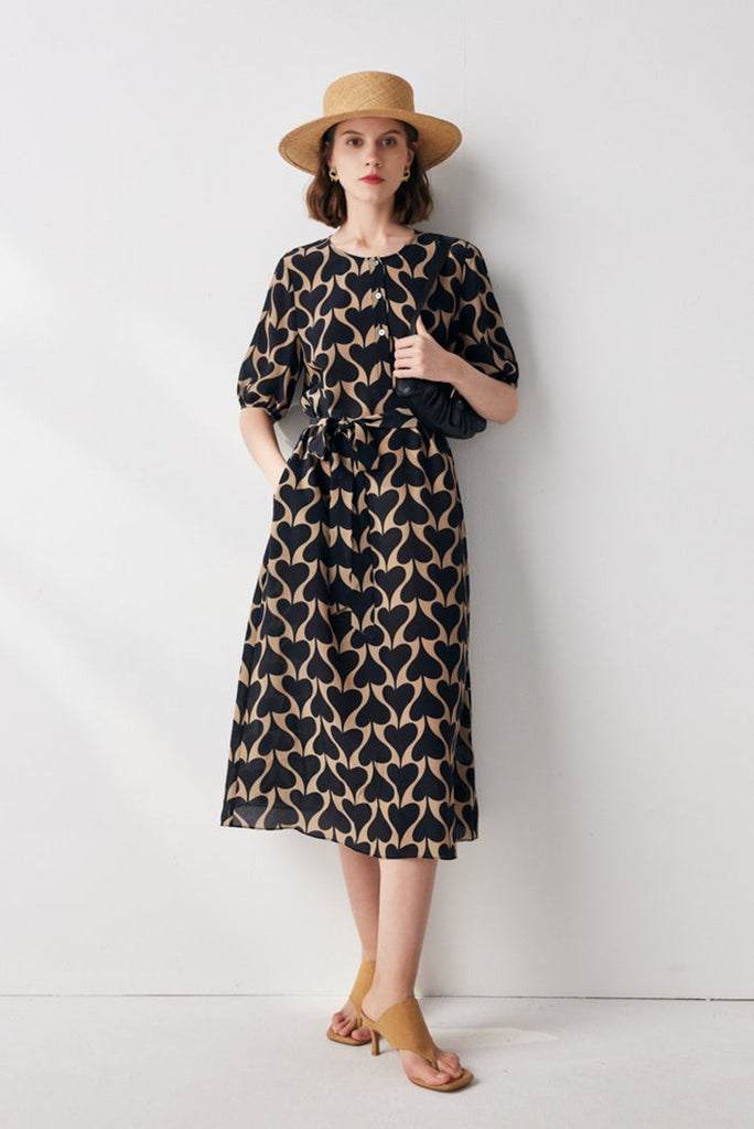 Fibflx Women's Heart Print Silk Midi Dress