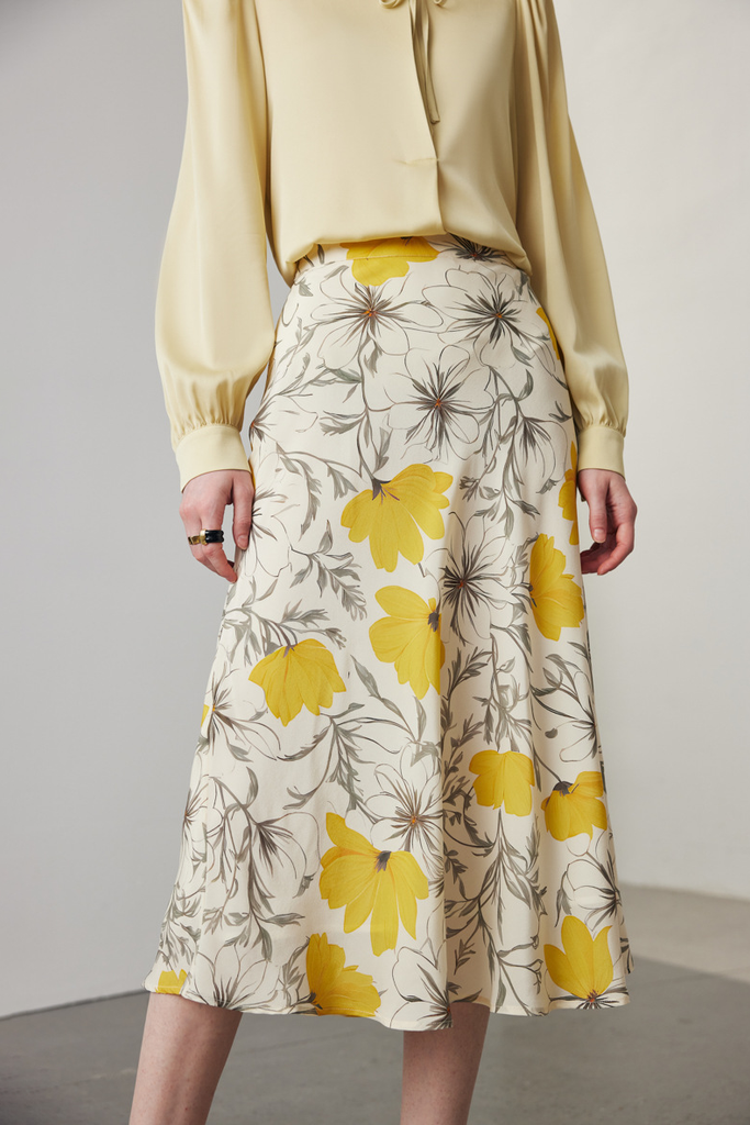 Fibflx Women's High Waisted A-Line Silk Floral Midi Skirt