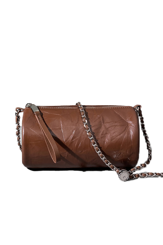 Leather Duffle Shoulder Bag with Chain - Fibflx