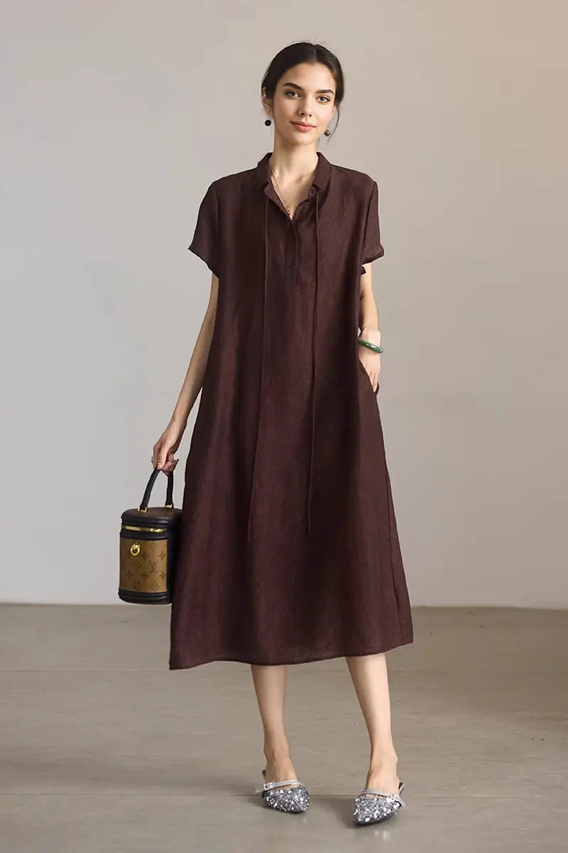 Linen-Blend Jacquard A-Line Shirt Dress in Brown