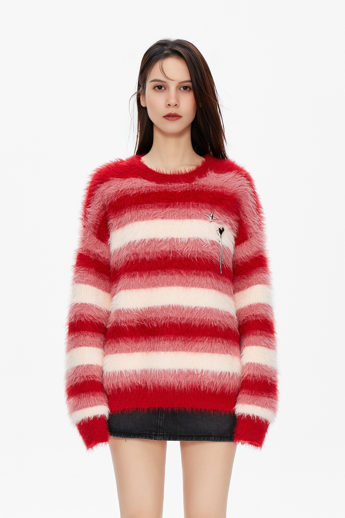 Fibflx Women's Oversized Fluffy Mimic Mink Striped Christmas Sweater
