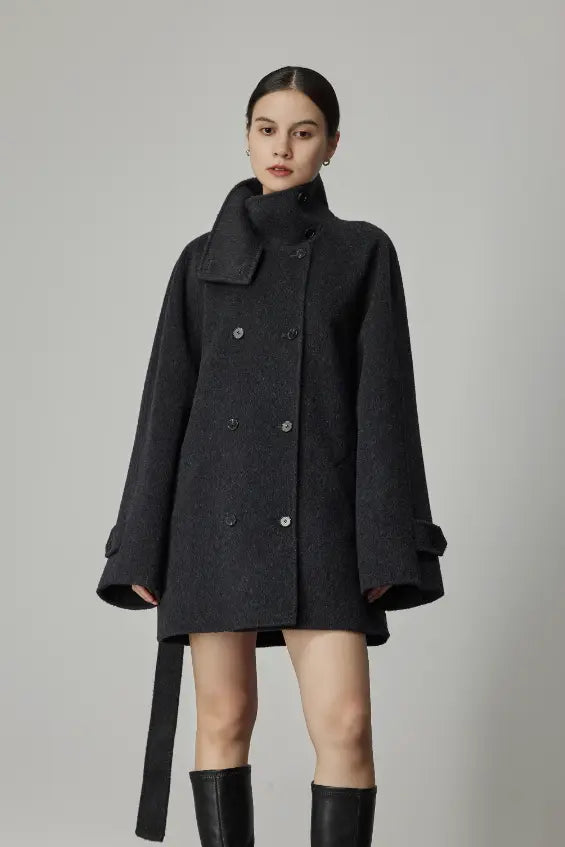 Fibflx Women's Oversized Wool Alpaca Stand Collar Cape Coat with Belt