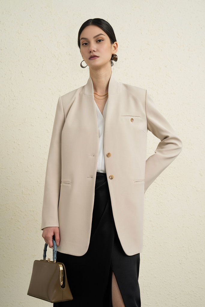 Fibflx Women's Single Breasted Stand Collar Long Belted Blazer