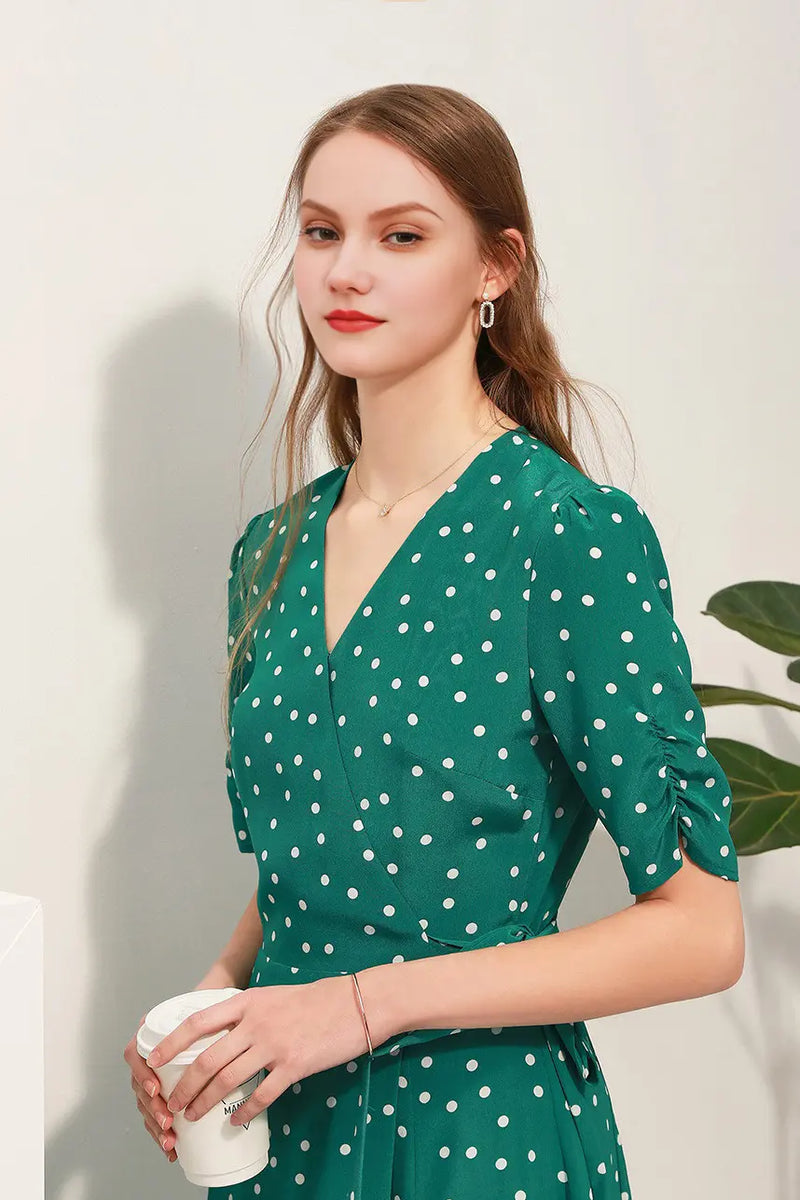 polka dot silk midi dress V-Neck Polka Dot Silk Midi Dress Coffee N White Polka Dot / XS