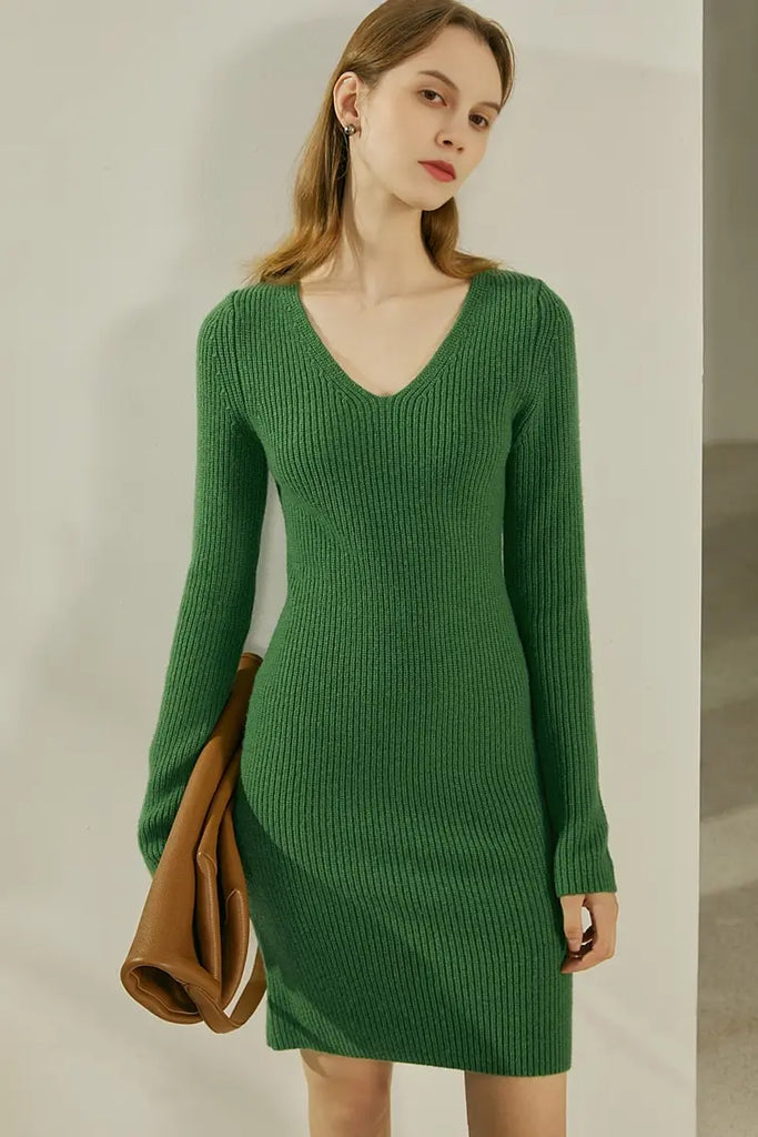 V Neck Green Rib Knit Mini Dress Fibflx