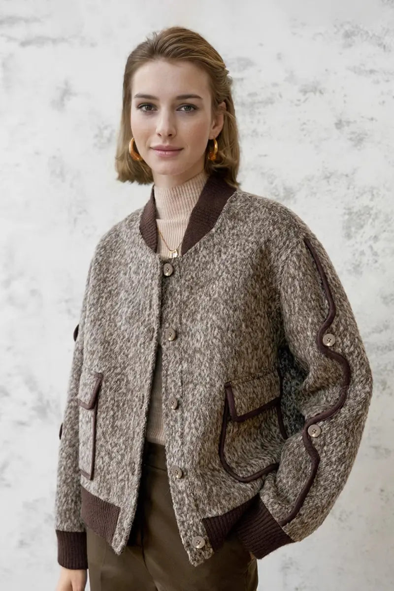 Fibflx Women's Vintage Boucle Wool Blend Button-Up Bomber Jacket