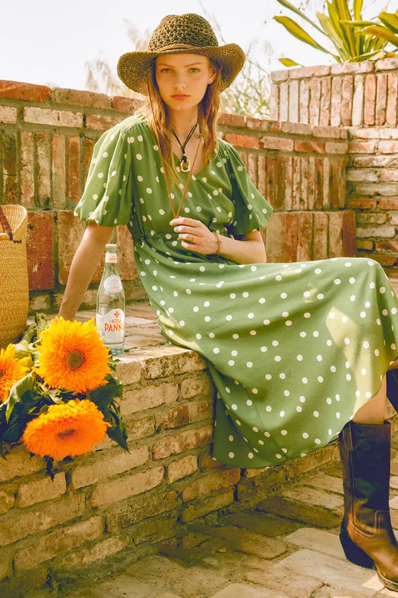 Vintage Silk Double Crepe Polka Dot Midi Dress in Green M / Green N White Polka Dot / 100% Mulberry Silk