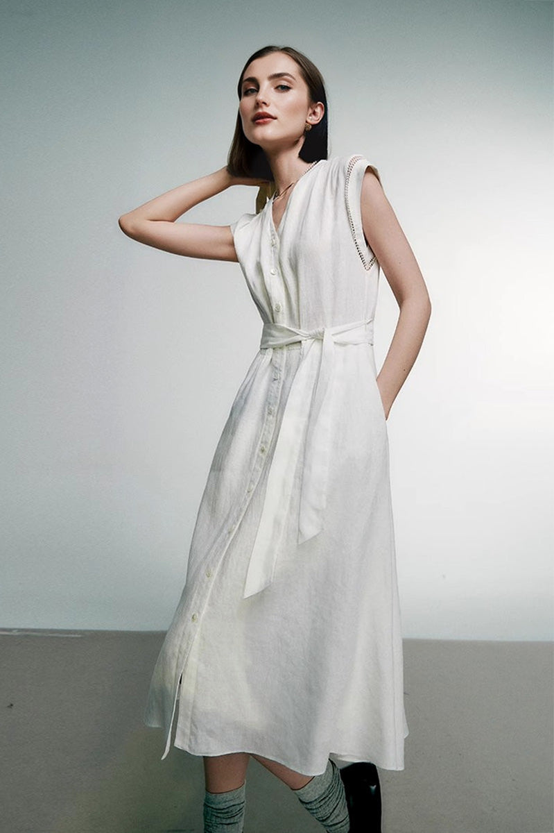 linen dress midi white button 100 Cap-Sleeve Button-Front Belted S / White / 100% Linen SmokyBlue (SteelBlue) Made from a tactile Purple Satin Purple Long Size:12 (Pre-Order - Ships Early September)