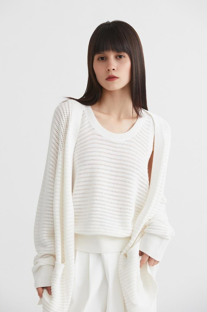 Fibflx Women's White Knitted Crochet Oversized Cardigan
