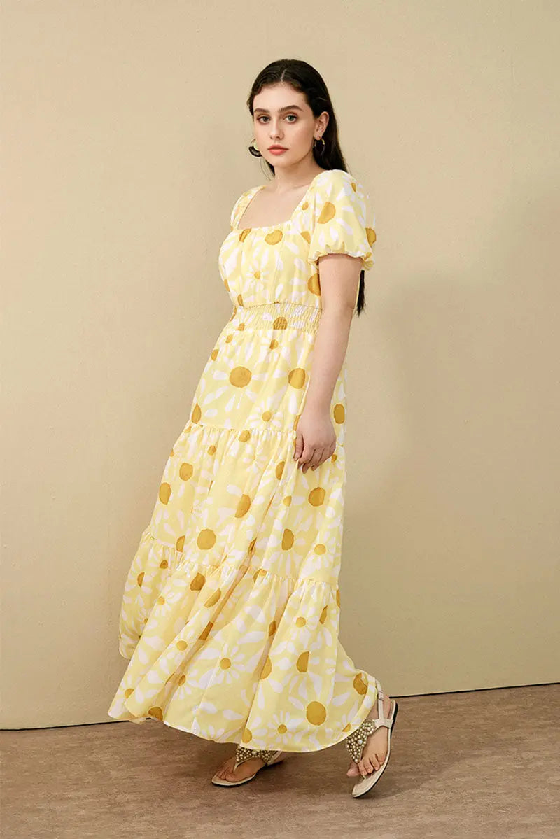 yellow tiered maxi dress PLAID CHIFFON Stylish Yellow Tiered Maxi Dress