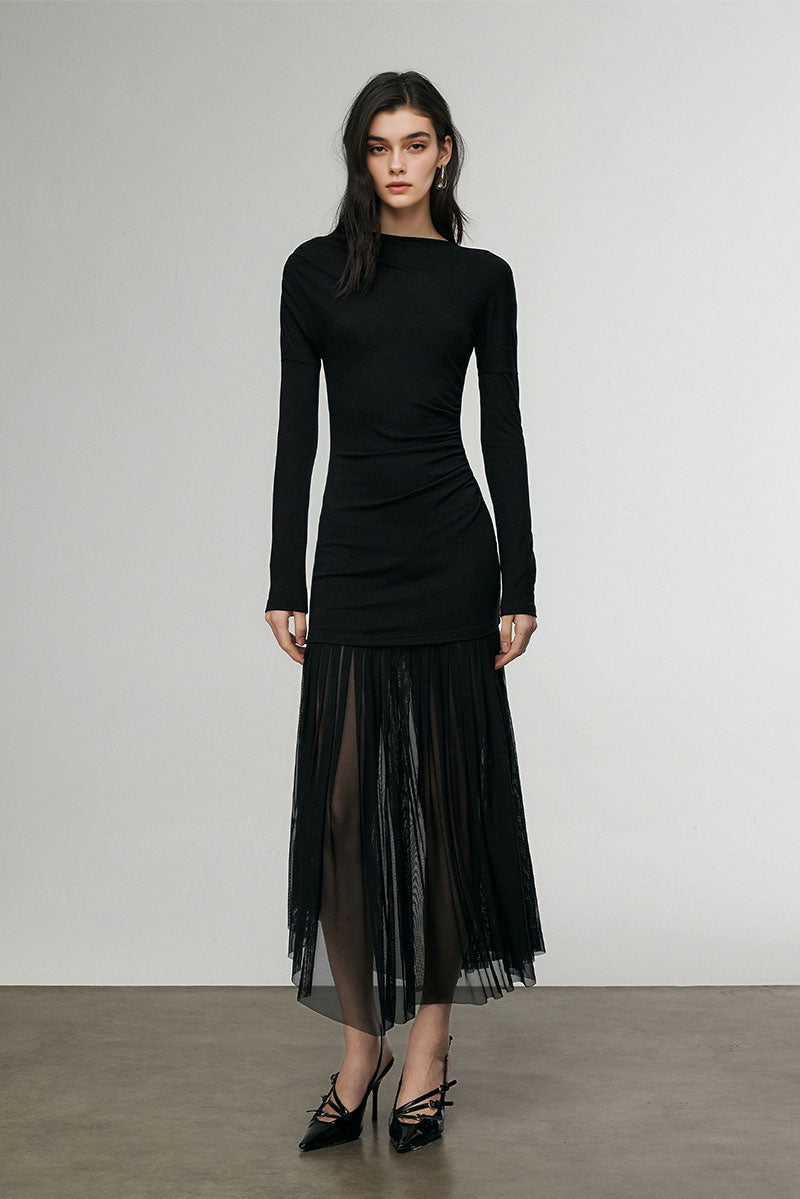 Fibflx Women's Asymmetric Draped Mesh Maxi Dress with Sleeves