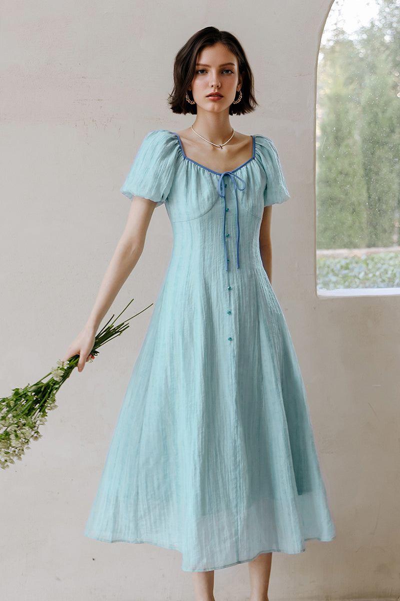 Baby Blue Lyocell V-Neck Puff-Sleeve Midi Dress S / Serenity Blue / 62% Lyocell 38% Nylon