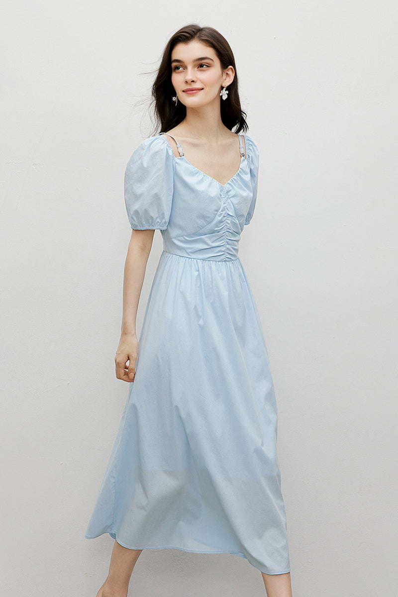 Baby Blue V-Neck Beaded Strap Midi Dress M / Baby Blue / 43.5% Viscose 36.6% Nylon 15.8% Cotton 4.1% Spandex