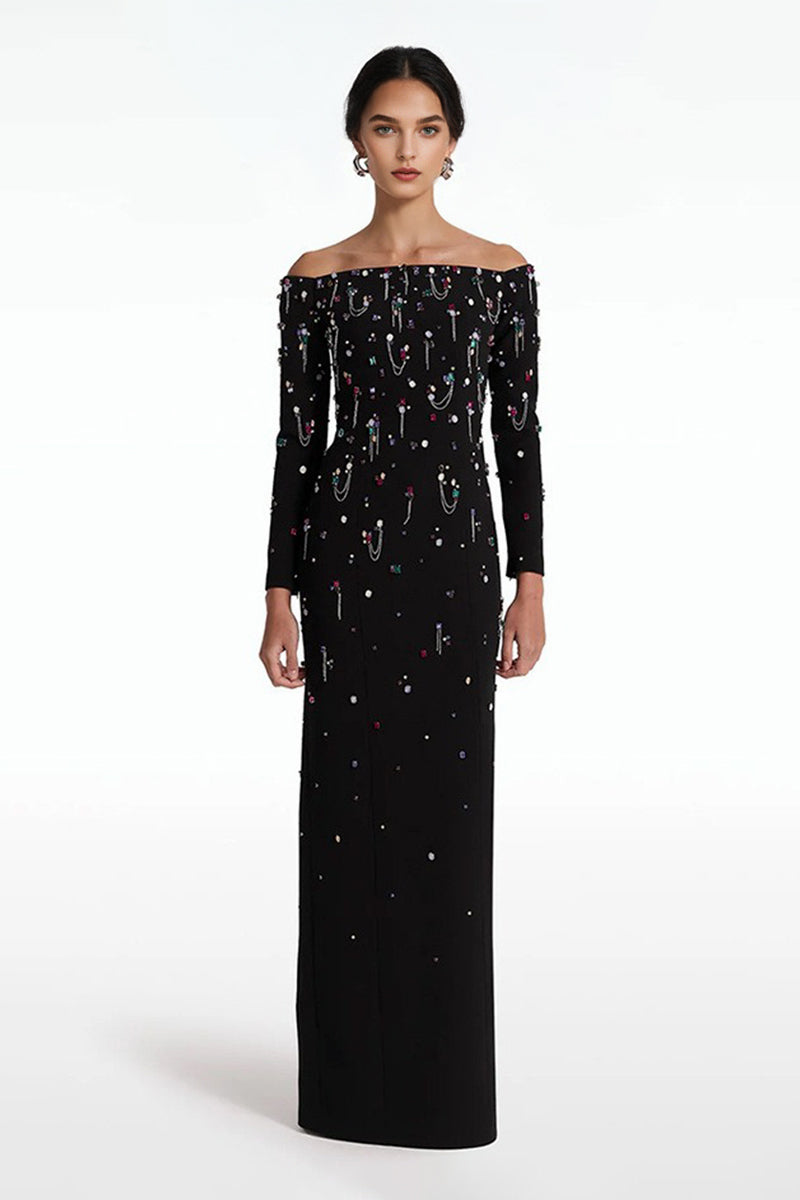Black Long Sleeve Formal Dress with Crystals