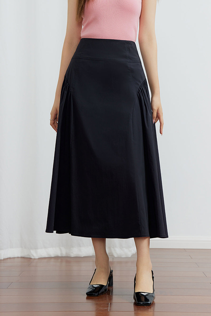 Black High-Waist A-Line Midi Skirt with Side Gathers | FIBFLX