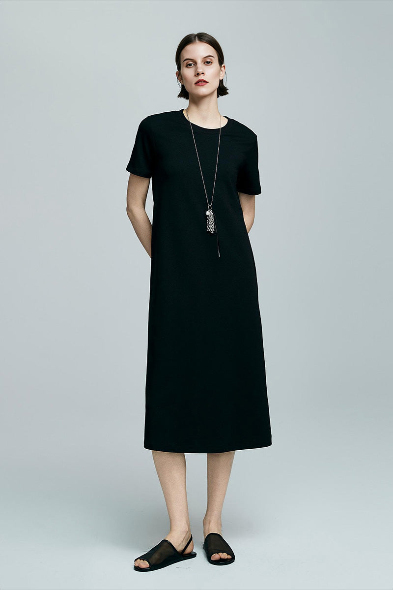 Fibflx Women's Black Midi T-Shirt Dress with Pockets Fibflx Women's Black Midi T-Shirt Dress with Pockets