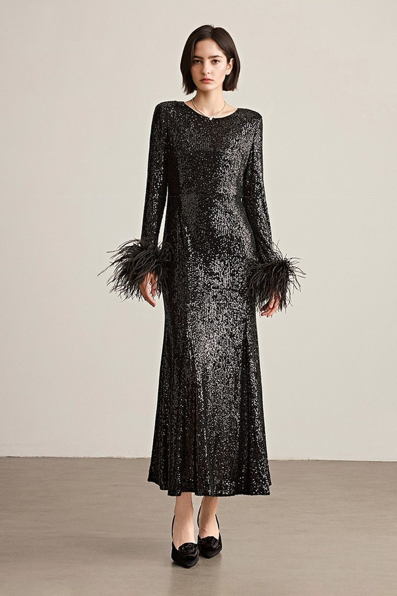 Black Long Sleeve Sequin Dress Midi