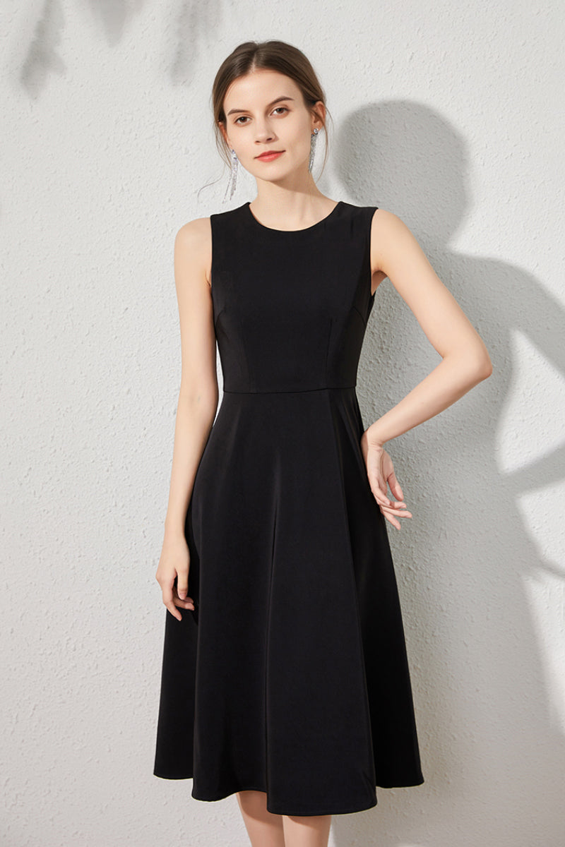 chinese dress ladies Berylove Women Black Work Dress Simple Round Neck A Line Sleeveless Short Formal Dress, Black / Custom