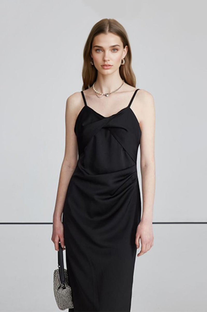 twist strap midi dress Black Spaghetti-Strap Twist-Front Midi Dress PM / Black / 97% Polyester 3% Polyurethane Elastane