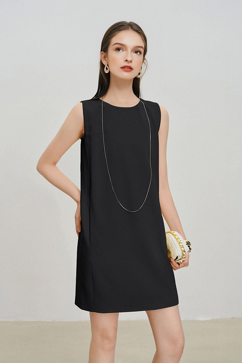 Black Triacetate-Blend Mini Shift Dress with Pockets S / Black / 70% Triacetate 30% Polyester Black Triacetate-Blend Mini Shift Dress with Pockets S / Black / 70% Triacetate 30% Polyester